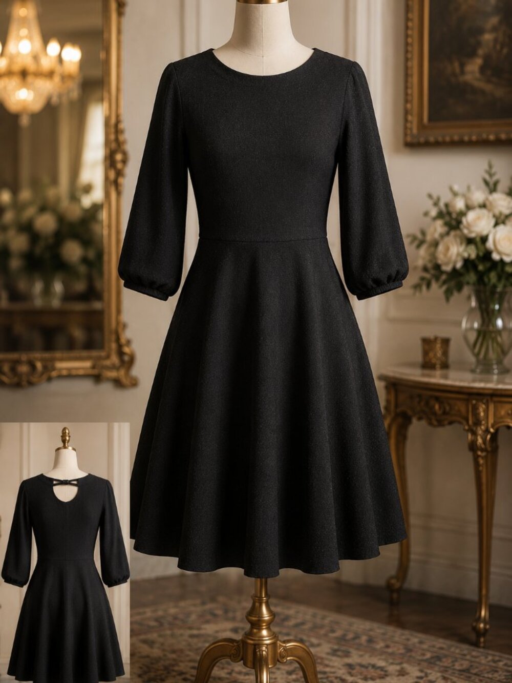 Area Code 407 Black Fit & Flare Dress Size 14 Made in USA 3/4 Sleeve Keyhole Bac